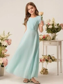 Vestido largo de gasa con mangas con volantes para niña preadolescente dama de honor, para boda, ceremonia, fiesta de cumpleaños