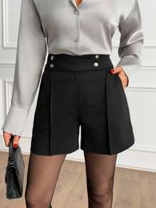 EURMUSE Women Solid Color Button Detailed Shorts - Black - View 4