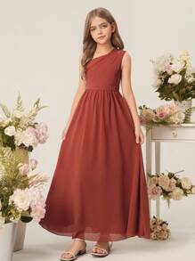 Tween Girl A-Line Floral One Shoulder Cutout Maxi Chiffon Dress, Flower Girl, Wedding, Birthday Party, Performance Autumn Fall - Redwood - View 8