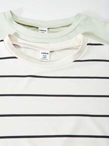 SHEIN Explorewe 2pcs Boys' Fashionable Versatile Striped Crew Neck T-Shirt & Olive Green T-Shirt Sets - Multicolor - View 3