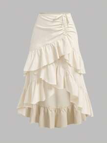 SHEIN Girlism Tween Girls' Casual Loose Layered Ruffled Uneven Hem Mid-Length Skirt - Apricot - View 1