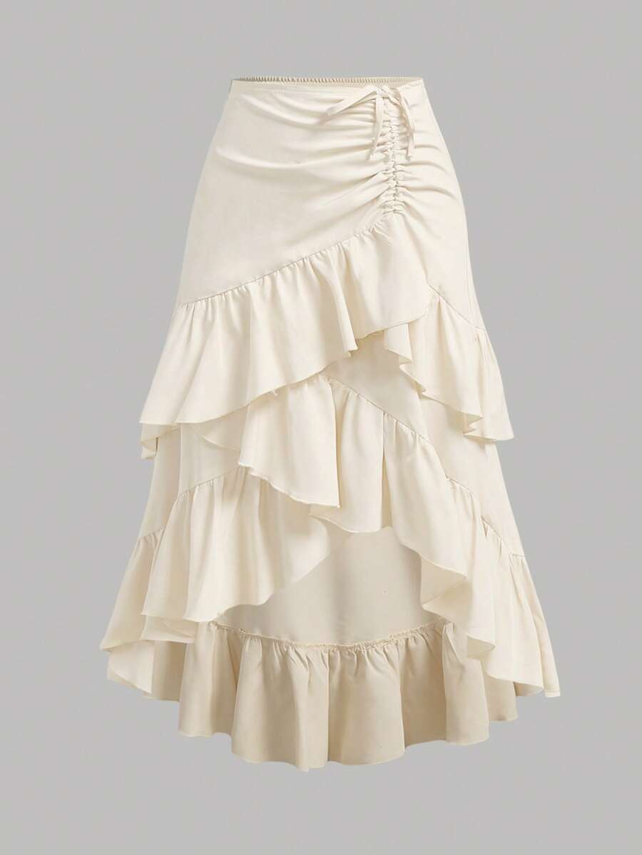 SHEIN Girlism Tween Girls' Casual Loose Layered Ruffled Uneven Hem Mid-Length Skirt - Apricot - View 1