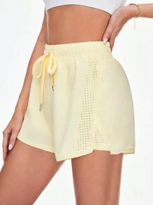 Sovereign Charm Solid Color Drawstring Waist Casual Sports Shorts Comfy Short Sweater Shorts - Yellow - View 1