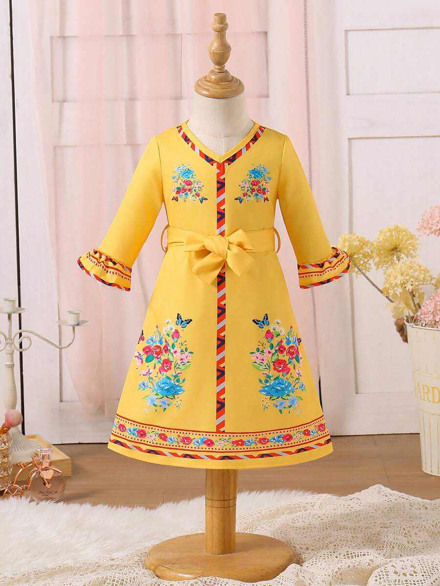 Baby Girl V-Neck Flare Sleeve Tie-Waist Dress, Family Matching Outfits (1 Piece Sold Separately) - Yellow - View 1
