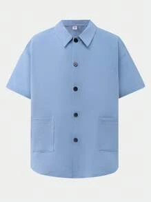 SHEIN Camisa de manga corta de unicolor y texturizada para niño preadolescente - Azul - View 1
