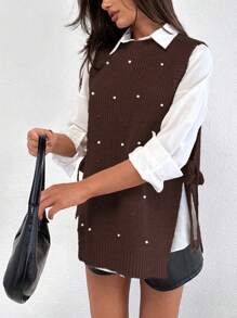 EURMUSE Round Neck Sleeveless Sweater With Pearls - Brown - View 4