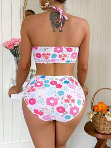 Swim DD+ Women's Floral Print Bandeau Bikini Set With Removable Straps, Vacation Swimwear, For Summer Beach