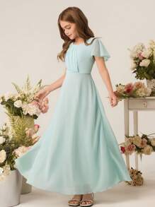 Vestido largo de gasa con mangas con volantes para niña preadolescente dama de honor, para boda, ceremonia, fiesta de cumpleaños