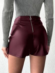 EURMUSE Women Solid Color Mid Rise Wrap Front Pleated Short Skirt/Shorts