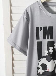 2pcs/Set Tween Boys Casual Slouchy Panda Print Short Sleeve Top & Plaid Long Pants Comfortable Pajamas Set - Grey - View 6