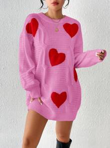 Chiquease 女士心形图案落肩长袖针织连衣裙，秋冬 - 玫紅色 - 查看 4