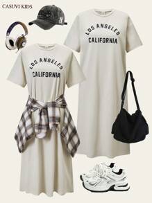 SHEIN 1 件休闲宽松圆领短袖连衣裙，简约百搭设计，适合少女，夏季新品