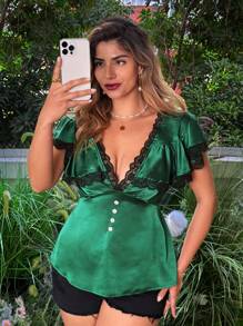 Plus Size Elegant Elastic Satin V-Neck Lace Ruffle Trim Blouse - Green - View 1