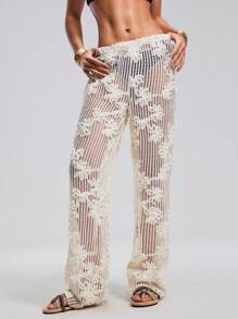 Swim Chiccia Atuendo de verano para mujeres, pantalones anchos y sueltos, tipo pareo para la playa, con diseño de malla calada y bordado floral - Albaricoque - Ver 2