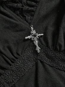 ROMWE Vintage Dark Gothic Ruffled Lace Patchwork Bell Sleeve Women Slim Fit Top - Black - View 3