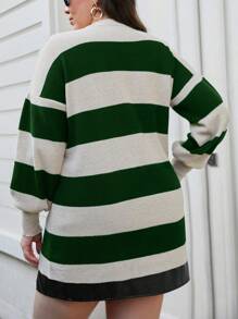 EURMUSE Plus Size Casual Colorblock Striped Drop Shoulder Sweater - Army Green - View 2