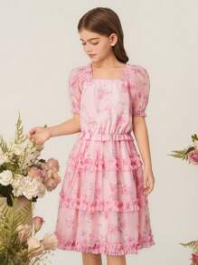 SHEIN 2 件套女童方领短袖印花上衣 + 束腰花卉图案印花裙套装 - 粉色 - 查看 3