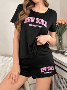 Conjunto de pijama de shorts y blusa de manga corta con estampado de letras para mujeres - Negro - Ver 4