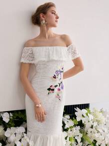 MOTF PREMIUM ELEGANT LACE FLORAL EMBROIDERED RUFFLE HEM OFF SHOULDER DRESS - White - View 6