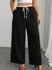 SHEIN Unity Pantalones rectos holgados con bolsillo, lazo en la cintura y bloqueo de color de satén blanco para uso casual y de oficina, talla grande, primavera/verano - Blanco y Negro - Ver 4