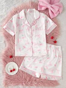 2pcs/Set Tween Girls Cherry & Bow Print Lapel Collar Top With Shorts, Leisure Comfortable Pajamas,Summer,Travel