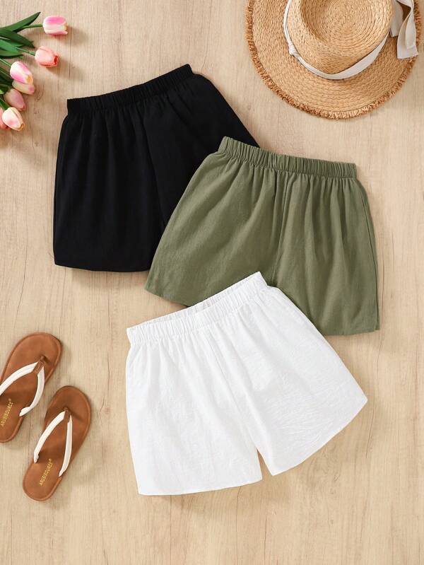 SHEIN Paquete múltiple de shorts de cintura media sólidos y cómodos de estilo minimalista casual para niñas preadolescentes