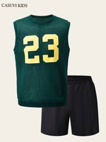 SHEIN Explorewe 2pcs Male Teenager Casual Fashionable School/Commute Loose Textured See-Through Fabric Green Numeric Pattern Tank Top And Shorts Set - Multicolor - View 7