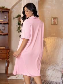 Côtesoire Plus Size Ladies Button Front Contrast Trim Casual Loungewear Nightgown - Pink - View 2