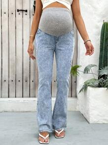 SHEIN 孕妇弹力腰牛仔喇叭裤，蓝色蝴蝶结设计，适合派对、节日、约会、情人节、下午茶 - 藍色 - 查看 6