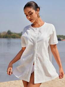 SHEIN Swim 女士休闲百搭圆领纽扣罩衫和服，适合夏季海滩度假 - 白色 - 查看 5