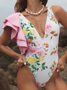 SHEIN Swim 2Pcs/Set Floral Print Ruffled V-Neck Backless Swimsuit And Netted Knotted Head Scarf Maxi Skirt Set, Springbreak Festival Boho Style For Summer Beach Vacation - Multicolor - View 7