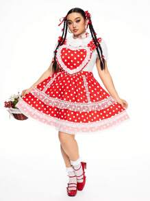ROMWE Kawaii Sukienka typu babydoll w stylu wiejskim w dużych rozmiarach z nadrukiem w kropki i serca