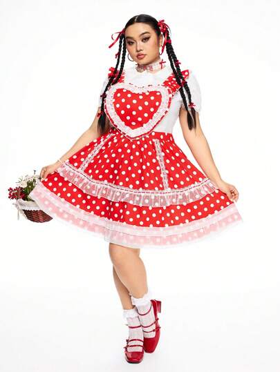 Kawaii Plus Size Country Style Polka Dot Heart Print Babydoll Pinafore Dress