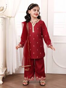 2pcs Young Girl Printed Robe Top & Pants With Scarf Set - Burgundy - View 7