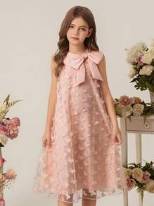 Tween 女童圆领无袖连衣裙，采用蝴蝶结设计，蝴蝶纹理面料，优雅，适合派对、婚礼、伴娘 - 粉色 - 查看 8