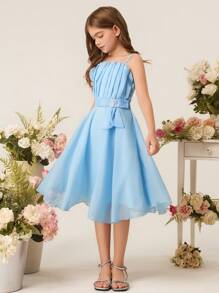 Tween Girls Rochie de lungime mijlocie, elegantă în straturi, albastru deschis, cu bretele spaghete, potrivită pentru Ziua Îndrăgostiților, bal, petrecere, aniversare, performanță și alte ocazii