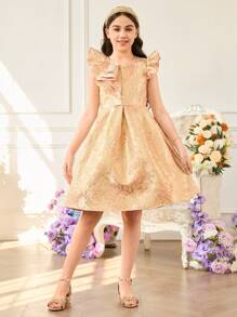 SHEIN Glamorique Kids Tween Girls' Elegant Gold Jacquard Cap Sleeve Summer Party Wedding Guest Dress,Luxurious Noble Graceful Gatherings Daily Occasions Summer Party Dress - Pink - View 6