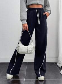 SHEIN Women Stripe Piping Detailed Wide Leg Sweat Pant - Blue - View 3