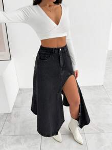 EURMUSE WOMEN Y2K DENIM SKIRT ASYMMETRICAL SLASH DETAIL - Grey - View 1