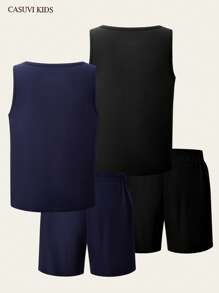 SHEIN Explorewe 4 件青少年男童休闲时尚简约通勤户外百搭舒适背心带口袋和短裤两件套服装