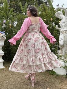 Flirla Vestido de gasa con estampado floral romántico y elegante, cuello en V, cintura tableada y volante, estilo gracioso para vacaciones - Multicolor - Ver 3