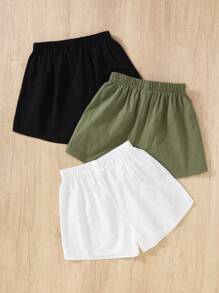 SHEIN 3pcs/Pack Tween Girls' Casual Minimalist Comfortable Mid-Waist Solid Color Shorts, Multi-Pack, School, Campus, College - Multicolor - View 9