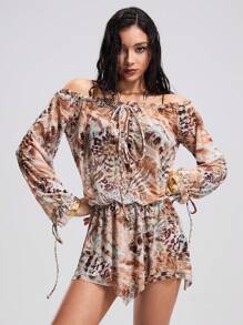 Swim EVENT Women's Fashion V-Neck Flare Sleeve Drawstring Waist Chiffon Cover Up, Suitable For Vacation In Summer - Multicolor - View 6