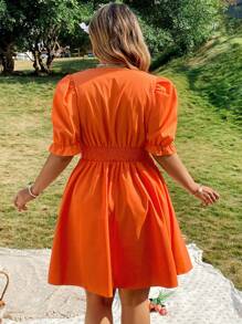 SHEIN Clasi Plus Size Women's Solid Color V-Neck Puff Sleeve Tie Front Dress - Orange - View 2