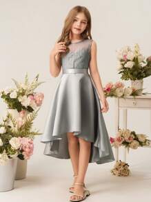 Vestido de Dama de Honra Menina Jovem e Pré-Adolescente, Renda Retalhos Cetim Bainha Alta-Baixa, Casamento, Diário, Show, Festa de Aniversário - Cinza - Visão 7