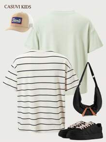 SHEIN Explorewe 2pcs Boys' Fashionable Versatile Striped Crew Neck T-Shirt & Olive Green T-Shirt Sets - Multicolor - View 9