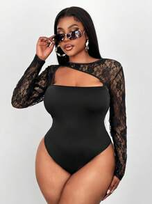 Maweii 性感蕾丝拼布透视镂空大码长袖紧身衣，适合派对和日常穿着 - 黑色 - 查看 7