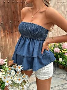 SHEIN Maternity Blue Denim Double Hem Bandeau Top,Year-Round,For Spring/Summer Holiday,Suitable For Summer,Blue Summer,Vacation Outfits Woman,Easter,Spring,Western,Office Outfits For Women,Rave Outfits,Baby Shower ,Cottagecore,Country Outfits Women, Chic, For Women Elegant,Beach ,Graduation ,Vacation ,Easter ,Sun,Mother Day/Mom/Mother/ Mommy/Mother's Day/Mama/Mum/Mother's Day Gift