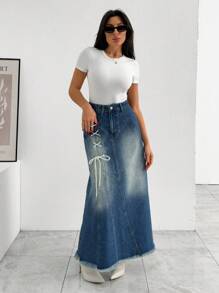 SHEIN Cottnline WOMEN Y2K DENIM SKIRT WITH EYELET DETAIL - Light Wash - View 5