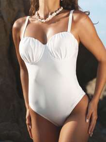 SHEIN Swim 2pcs Solid Color Padded Halter Backless One Piece Swimsuit And Ruched Cover Up Beach Spaghetti Strap Skirt, Premium Festival Boho Set - White - View 6